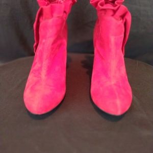 Bamboo Red Suede Ruffle Ankle Booties